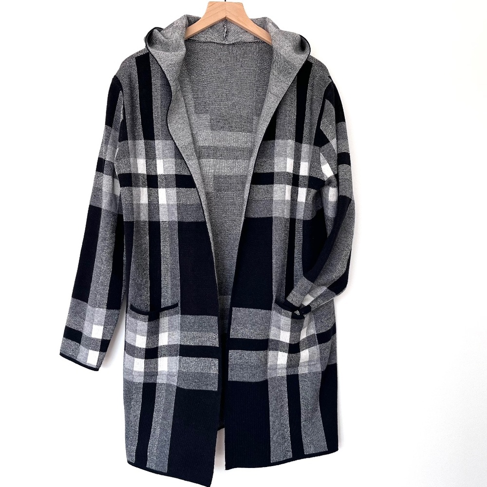 Handle with Care Black and White Plaid Knit Cardigan Sweater Jacket with Hood